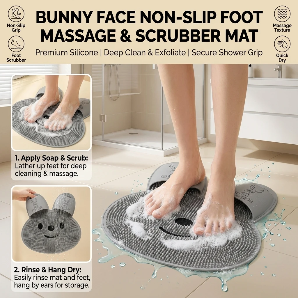 Rabbit Bathroom Shower Anti Slip Mat, Circular Massage Foot Mat, Back Suction Cup,Foot Scrubber, Back Scrubber, Anti Fall Device