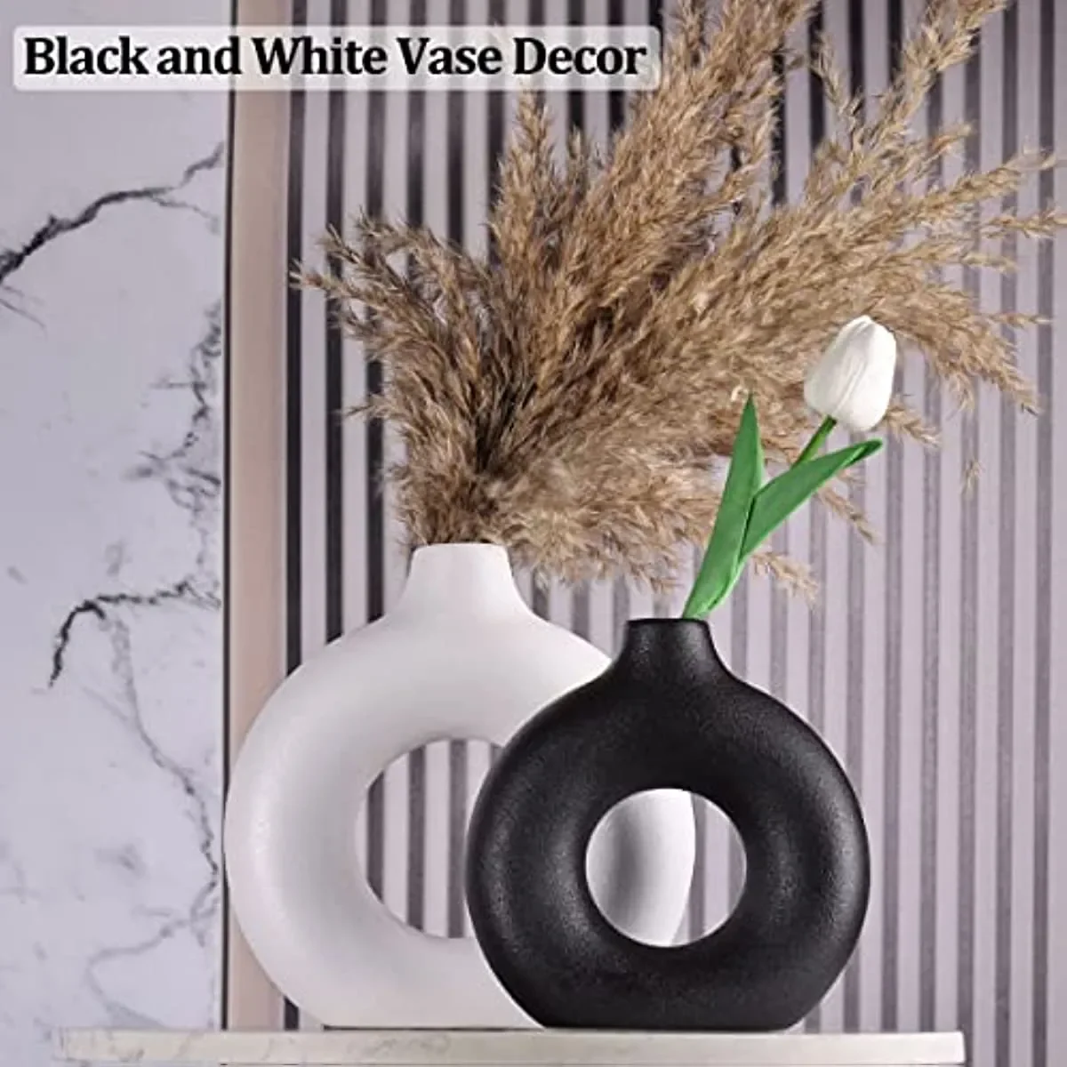 Ceramic Hollow Circle Vase Set of 2 Minimalist Boho Pampas Grass Waterproof White Black Vase Set for Home or Living Room Decor