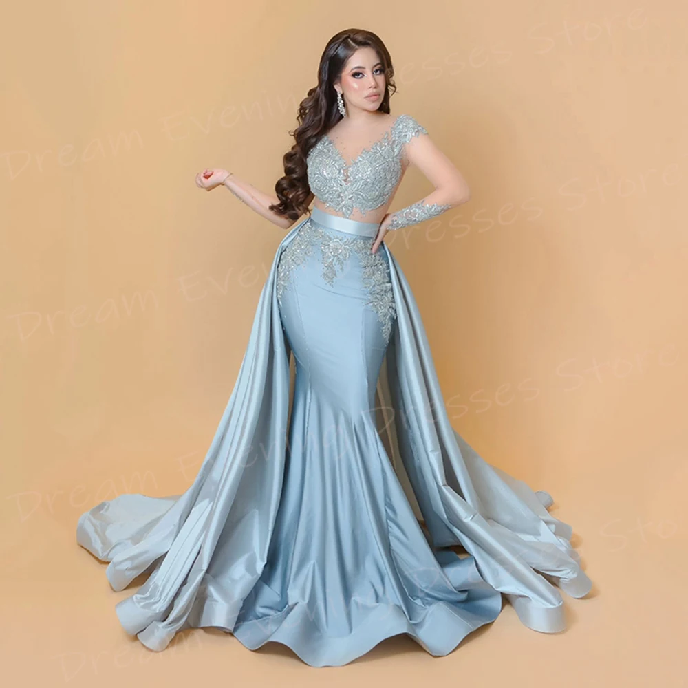 Elegante Blauwe Vrouwen Zeemeermin Prachtige Avondjurken Mooie Applicaties Prom Jurken Sexy Lange Mouw V-Hals Robe De Soiree Femmes