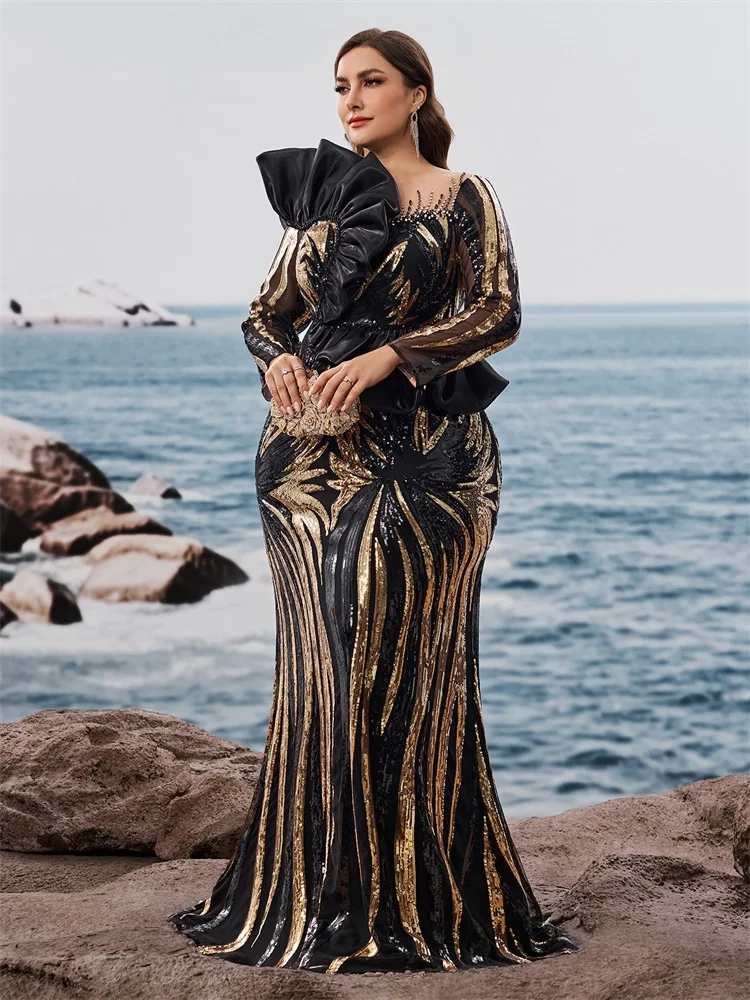 فساتين سهرة Lucyinlove مقاس كبير فاخرة مكشكشة بالترتر أنيقة بأكمام طويلة حورية البحر لحفلات الزفاف الرسمية وحفلات الكوكتيل