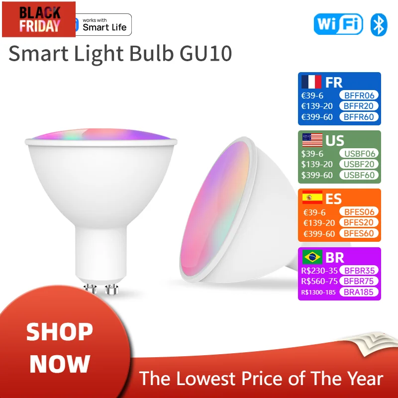 Tuya Smart LED Lamp Bulbs WiFi GU10 Small Spotlights RGB C+W White Dimmable Lamps Smart Life APP Control Light Bulbs Voice Alexa