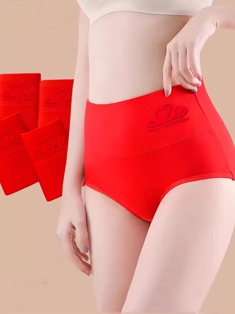 4Pcs Cotton Women PantiesGood Luck Red Underwear Breathable Underpants Plus Size Panty High Waist Body Slimming Female Briefs