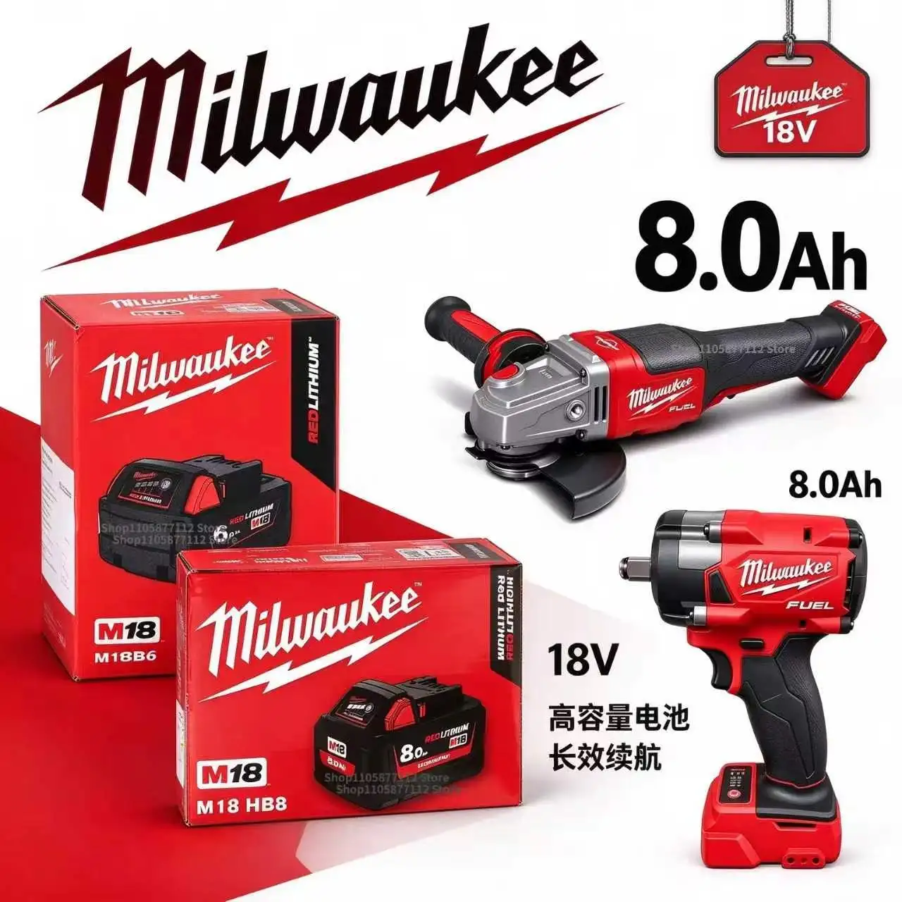 Milwaukee M18 18V 8.0Ah Rechargeable Lithium Battery Long Service Life for Impact Wrench Angle Grinder 18V Cordless Power Tools