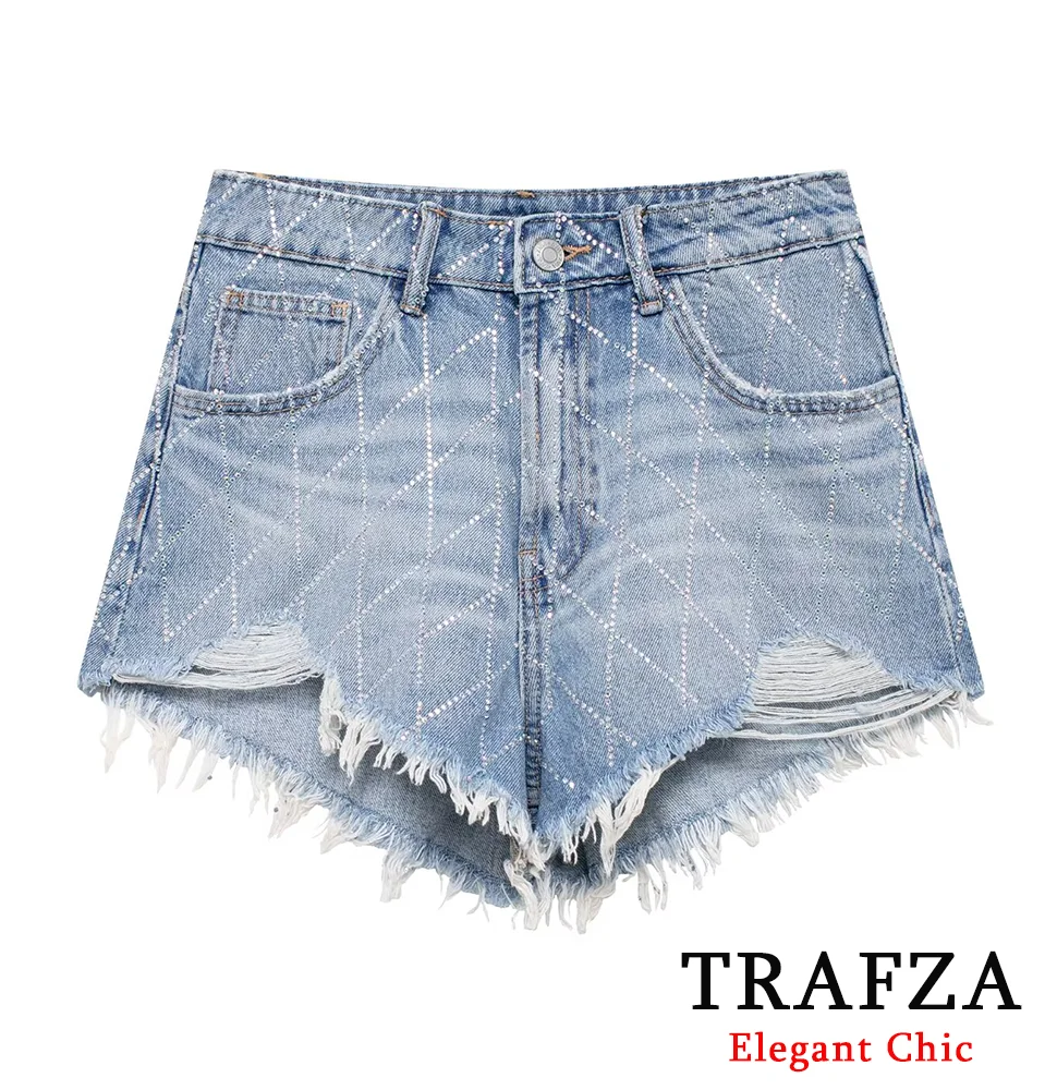 TRAFZA-Shorts jeans de cintura alta feminino, shorts curvos e aparados brilhantes, moda casual de verão, novo, 2024