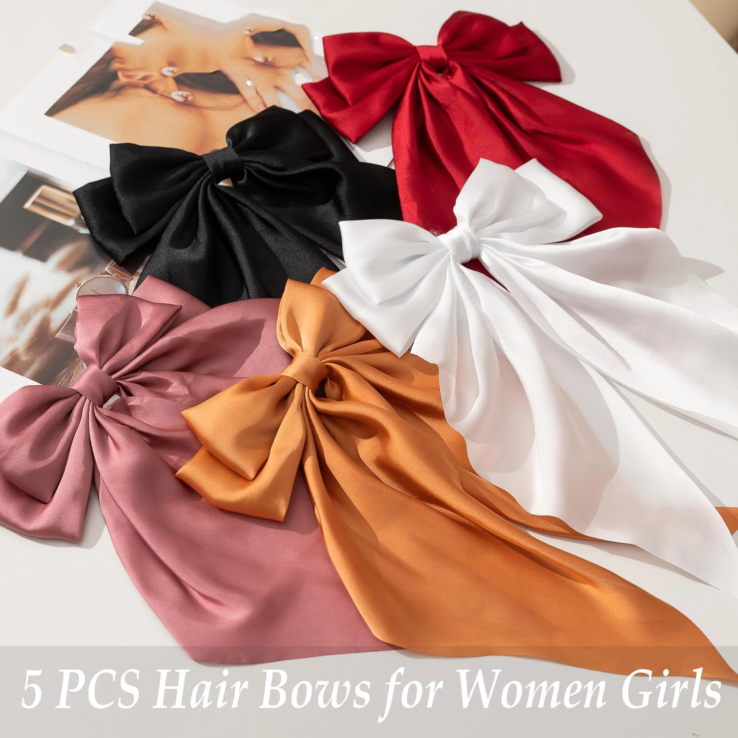 5PCS Ladies Satin Large White pink Red Blue Black Ribbon bow Oversized Long tail hair clip spring clip ponytail Hair accessorie