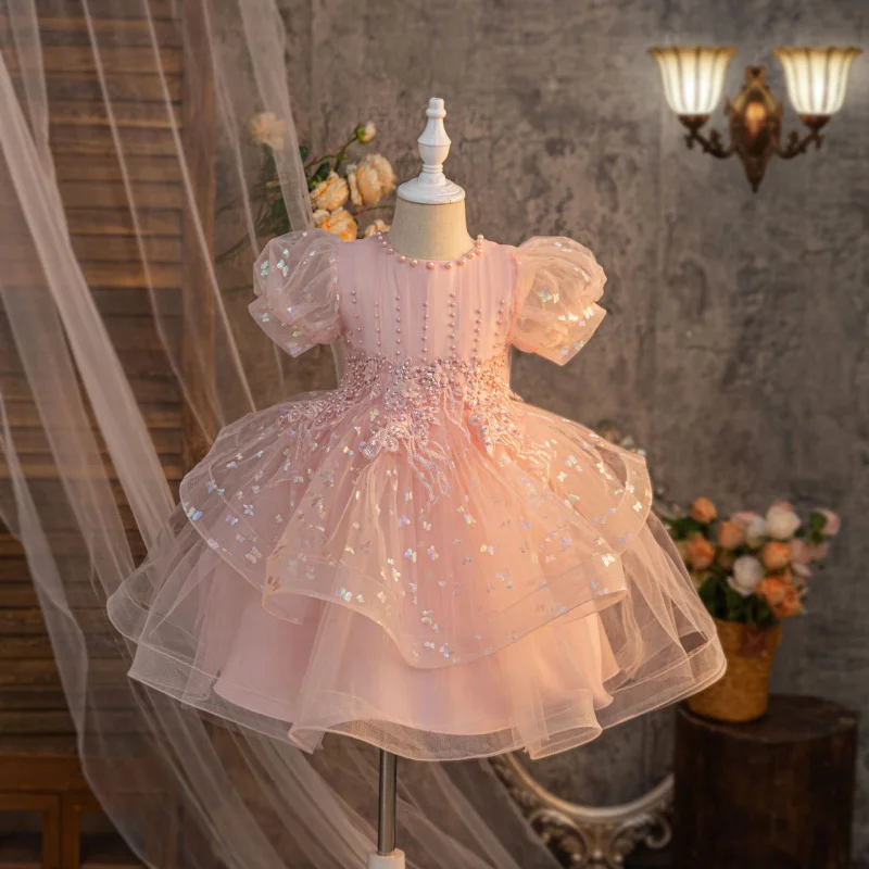 Girls' New Pink White Blue Tutu Wedding Dress Puff Sleeve High-End Dress