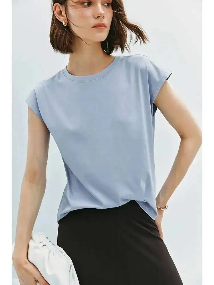 Silk Mercerized-Cotton Sleeveless T-Shirt Summer Women Round Neck Loose Cool Breathable Basic Tops
