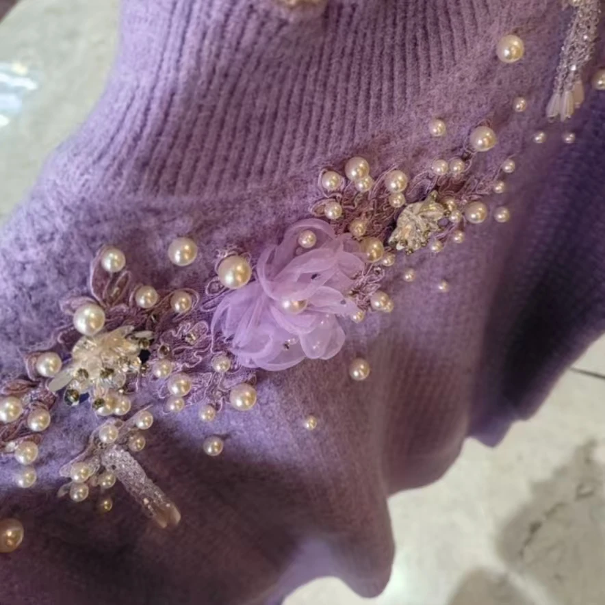 

Sparkling Crystal Flowers Tassel Thick Sweater for Women Autumn/Winter New Knit Outwears Sweaters Jumpers Knitwear Pullovers