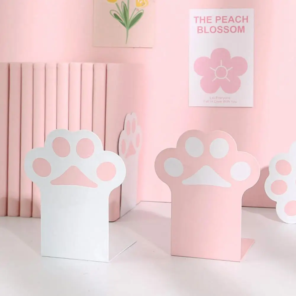 Creative Cat Paw Book Ends Stand Metal Bookends Pink and White Non Skid Sturdy for Students Store Books Files Magazines