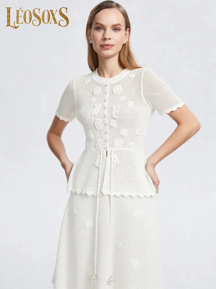 LEOSOXS Women Summer Short Sleeve Knitted Dress Slim Fit Heavy Embroidery Pearl Button Elegant Commuter Casual Ladies Dress