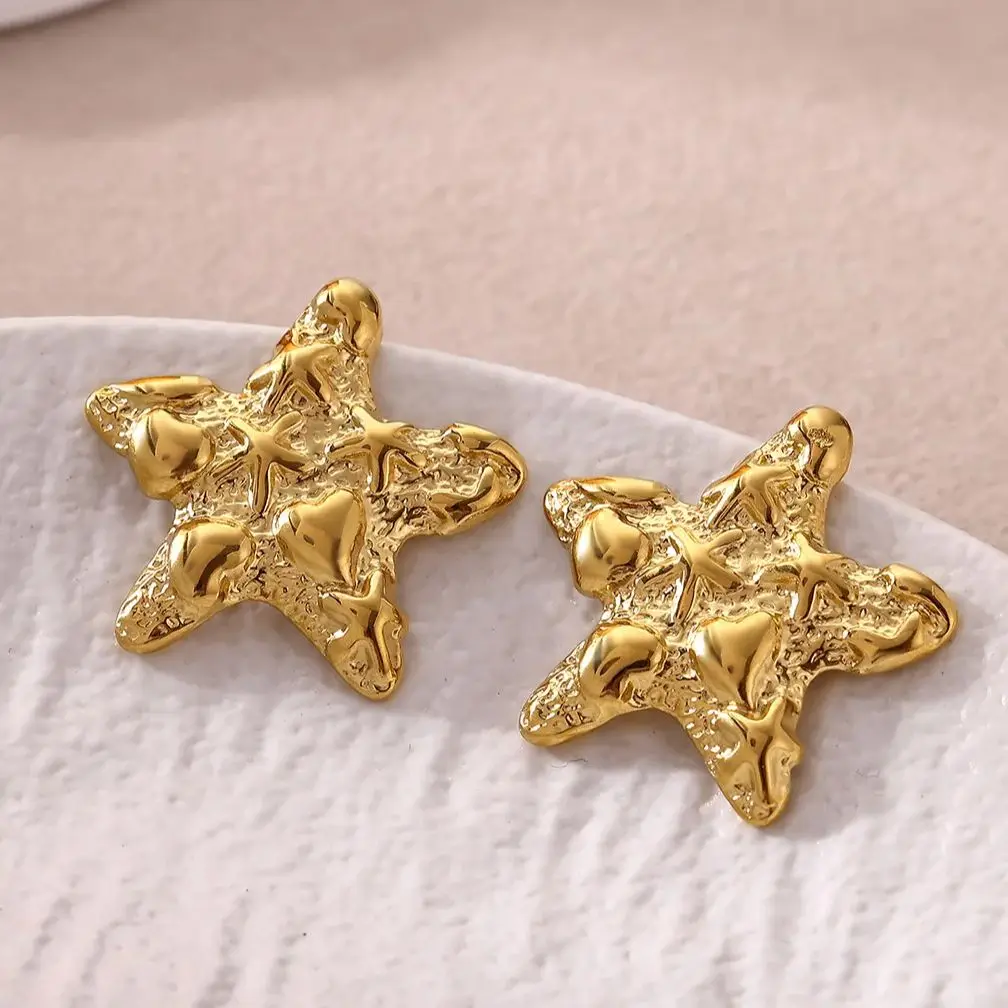 Minimalist Textured Starfish Earrings for Women Gold Color  Stainless Steel Stars Stud Earring Party Holiday Christmas Jewelry