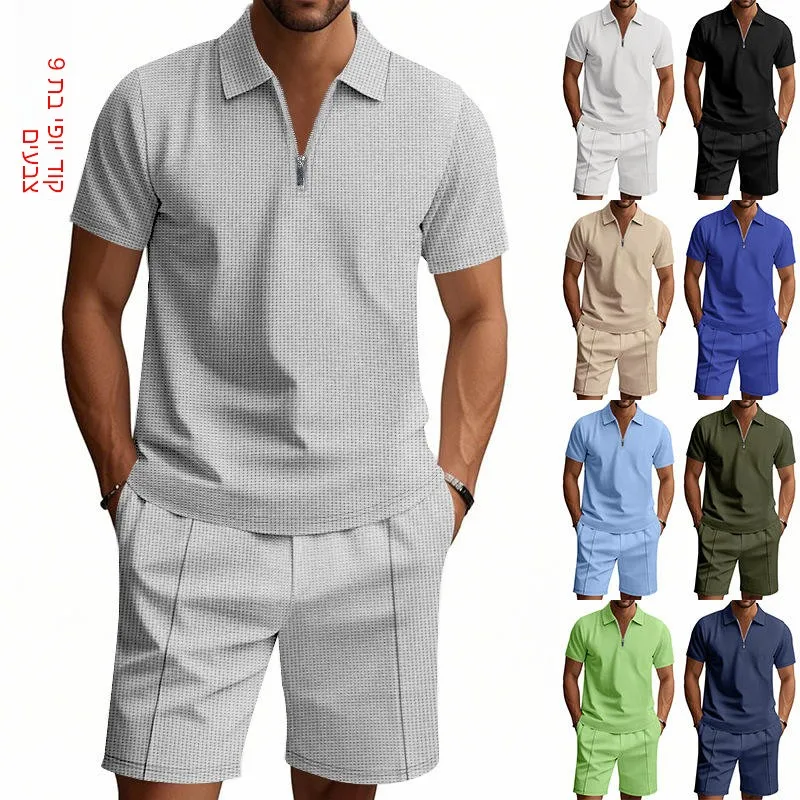 

Summer Casual Men's Zipper Short Sleeve Shirt Beach Shorts Set Loose Fit Simple American Style Cross-Border Clothing