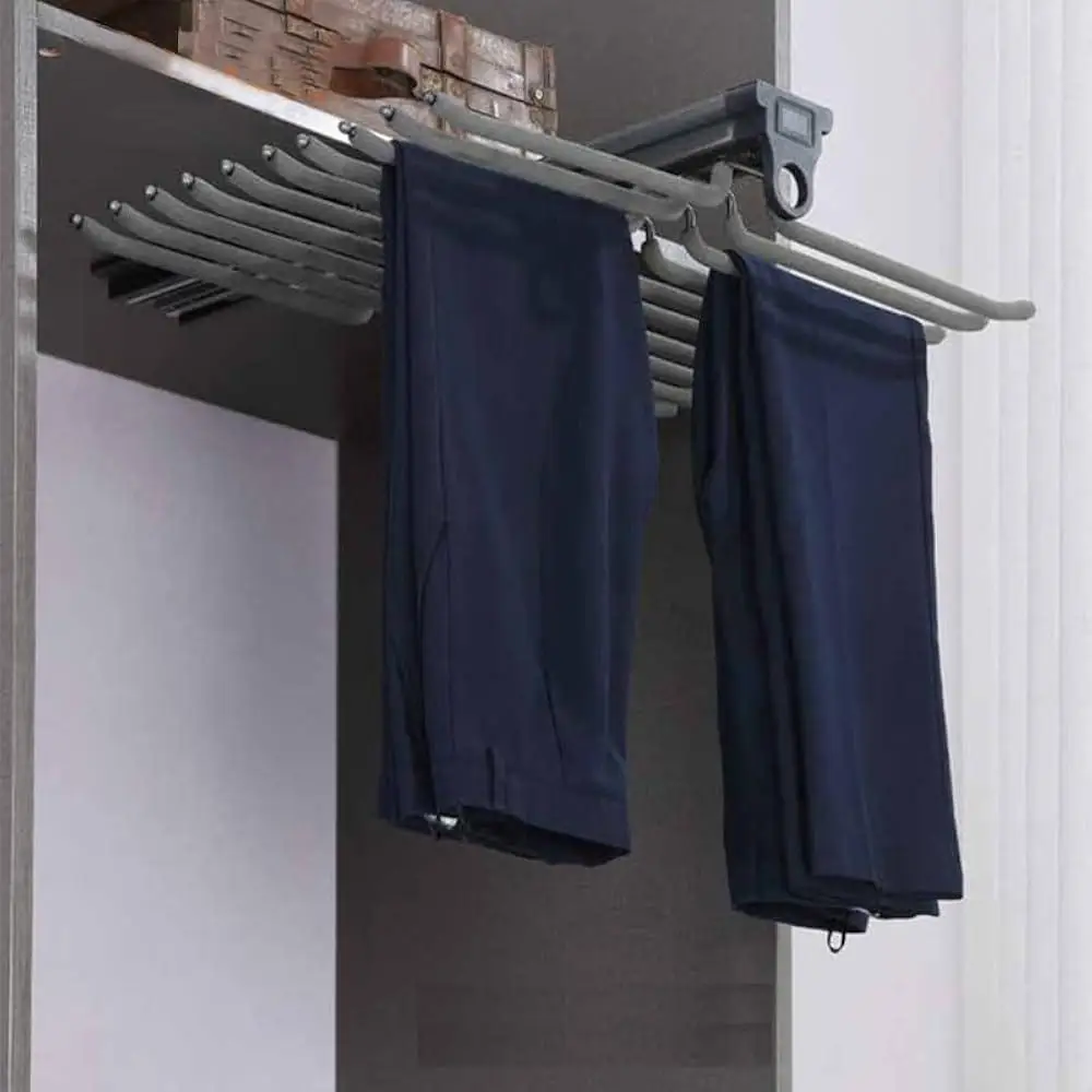 Pull Out Double-Row Pants Rack 20 Arms Steel Clothes Organizer Flocked Material Soft Closing System Heavy Duty Storage Solution