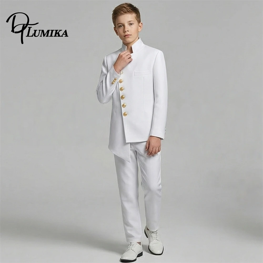 DTLumika 24h Ship Boy's 2-Piece Suit Set Including Jacket & Pants White Stand - Up Collar Gold Button Formal Suit Event Ceremony