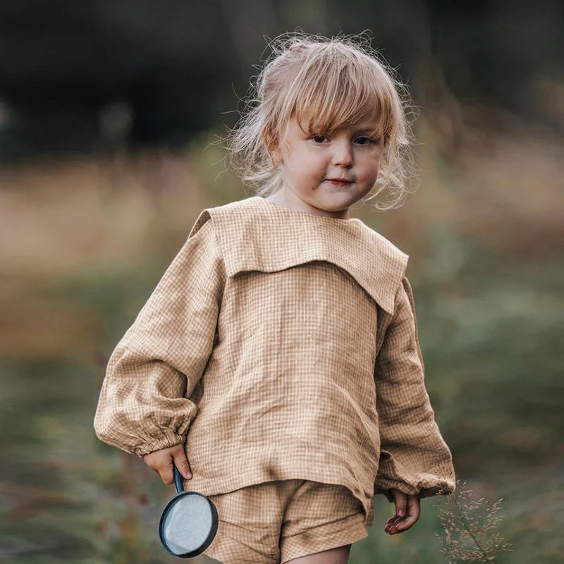 

Nordic Style Cotton and Linen Plaid Children Shirt Retro Big Turn-down Collar Long Sleeved Shirt Versatile Casual Top Autumn