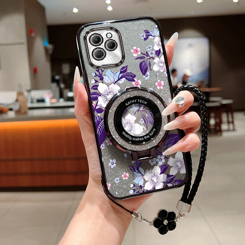 Hot40 Purple flowers Plating Bracelet Holder Phone Case For Infinix Hot 50Pro 30i 50 40Pro 30 40 PLAY 11S 12 30 11 20 Cover