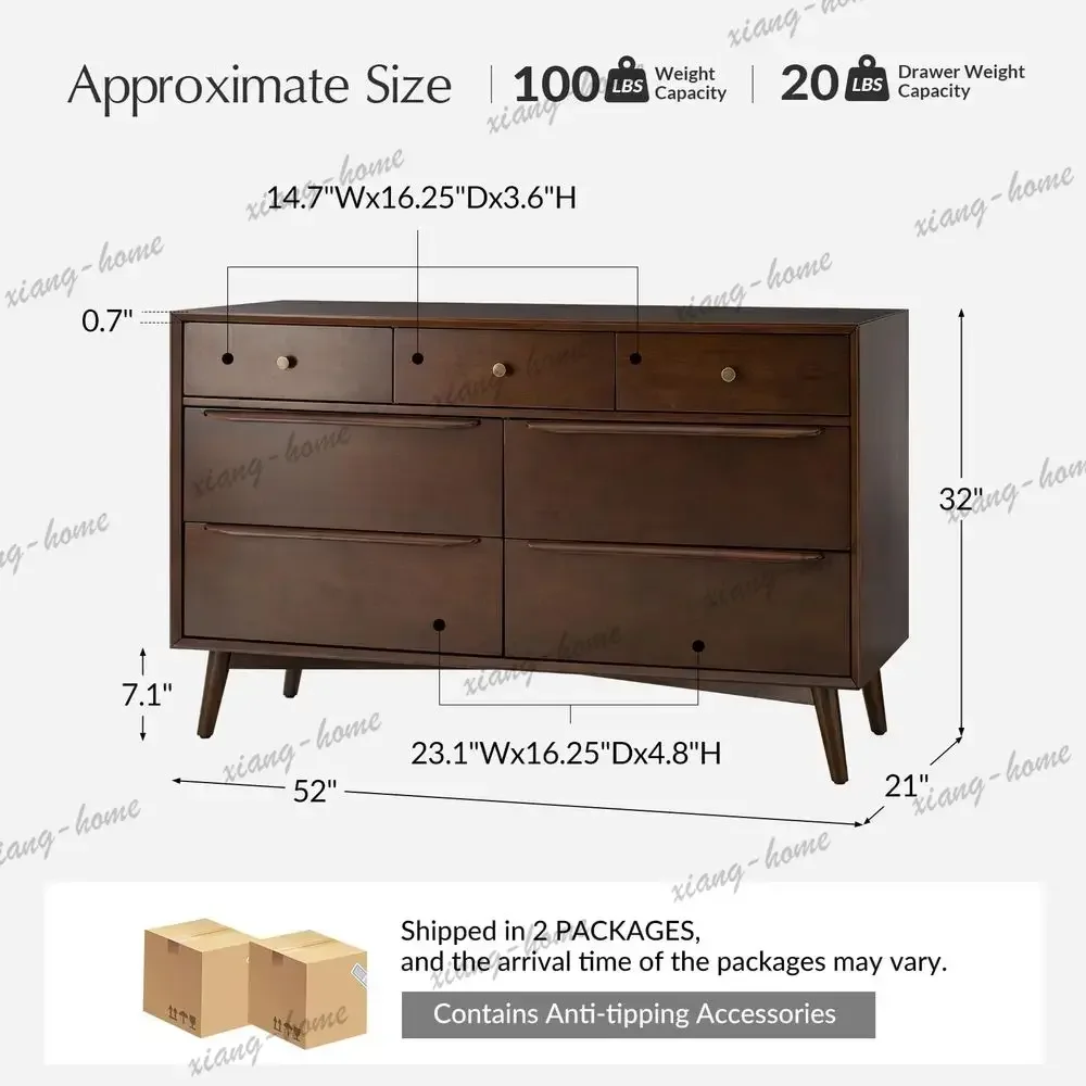 ls7 Drawer Dresser for Bedroom, 52 Wide MidCentury Modern Chest of Drawers with Builtin Drawer Dividers, Wooden Bedroom Drawer D