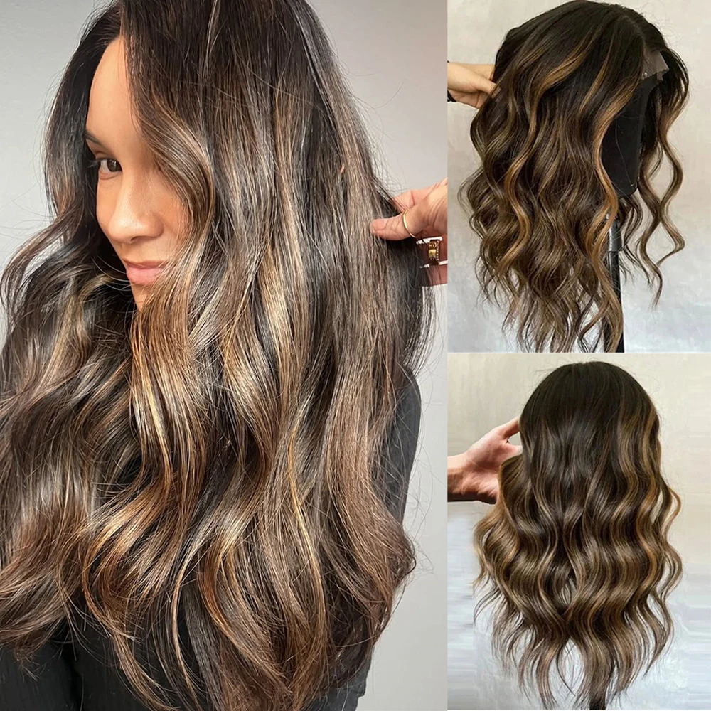 dark-chestnut-brown-blonde-highlighted-synthetic-lace-front-wig-long-brunette-natural-hairline-glueless-realistic-look-wigs