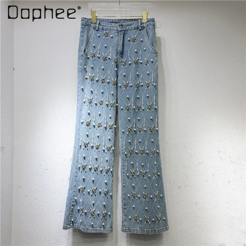 

Streetwear Vintage Woman Blue Beaded Jeans 2024 Spring New Loose High Waist Slimming Straight Wide Leg Denim Pants for Women