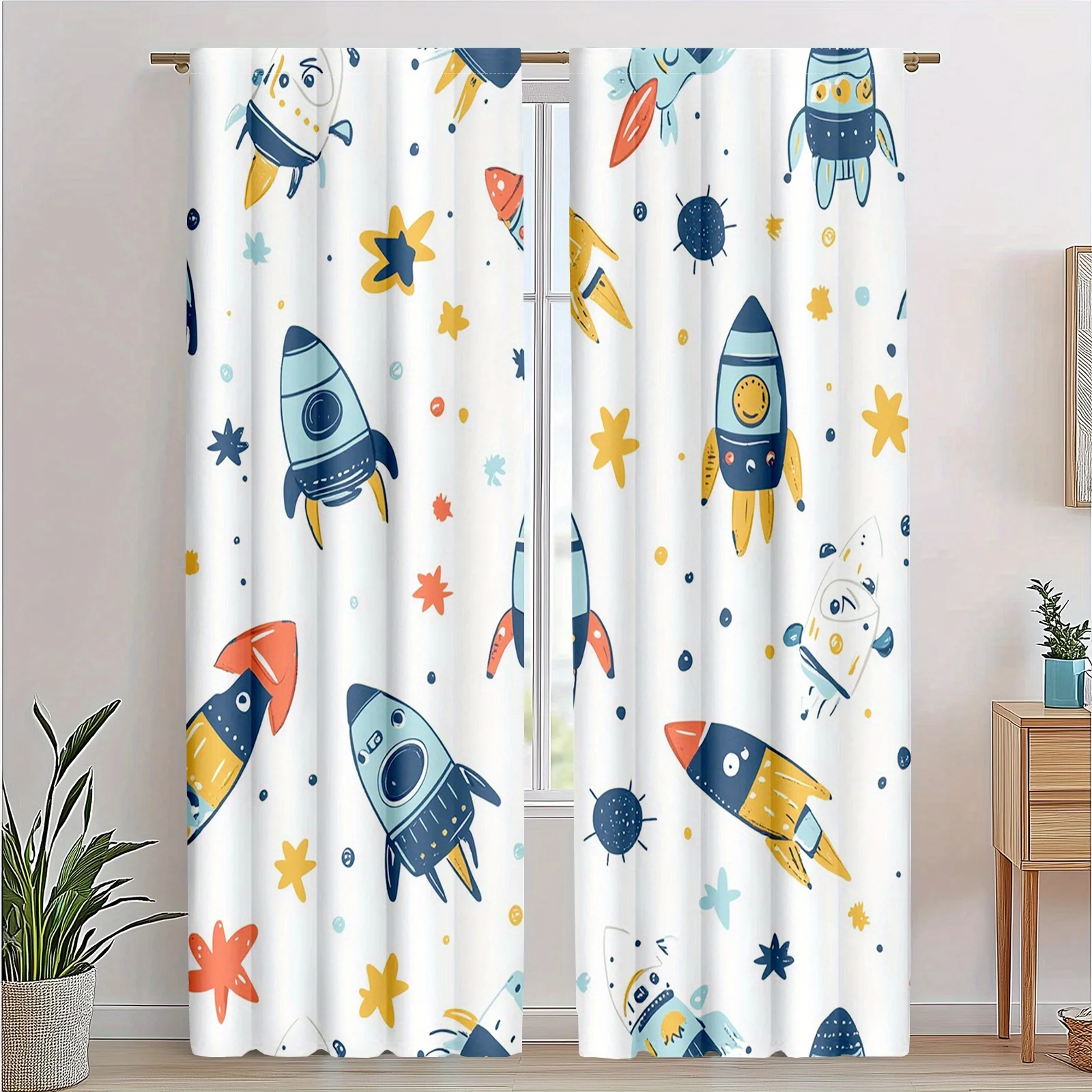 2pcs Outer Space Rocket Curtains, Adventure Print with Planets and Stars for Bedroom Decorative curtains