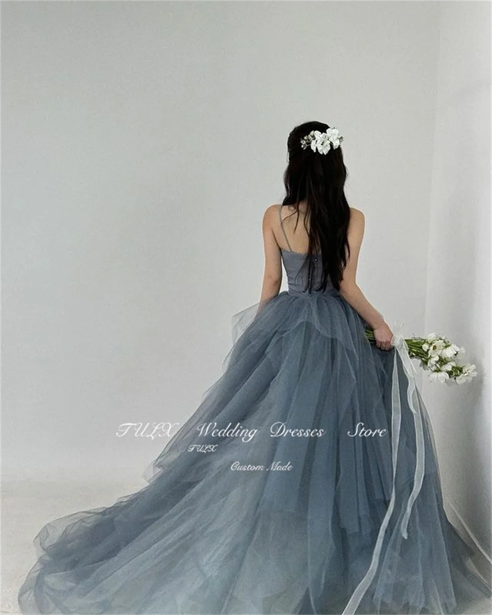 TULX Fairy Spaghetti Straps Grey Blue Tulle Korea Suknie ślubne A Line Suknie ślubne Suknie do sesji zdjęciowej Gorset Wykonane na zamówienie