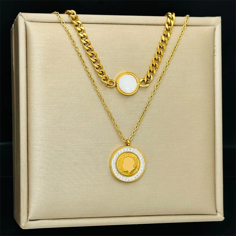 316L Stainless Steel New Fashion Fine Jewelry 2-Layer Seashells Zircon King Coin Charm Chain Choker Necklaces Pendants For Women