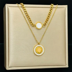 316L Stainless Steel New Fashion Fine Jewelry 2-Layer Seashells Zircon King Coin Charm Chain Choker Necklaces Pendants For Women