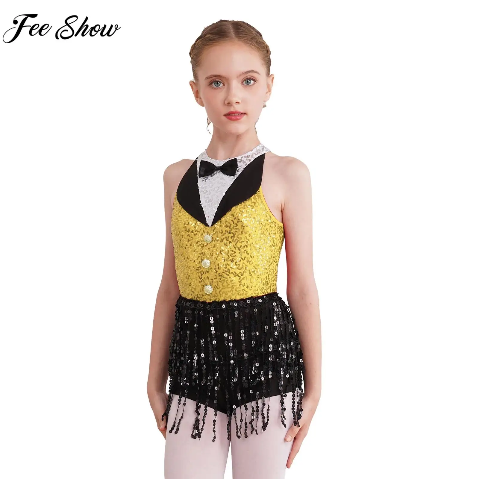 Kids Girl Jazz Latin Dance Performance Costume Cha-cha Samba Rumba Skating Bodysuit Sleeveless Shiny Sequin Tassel Leotard Dress