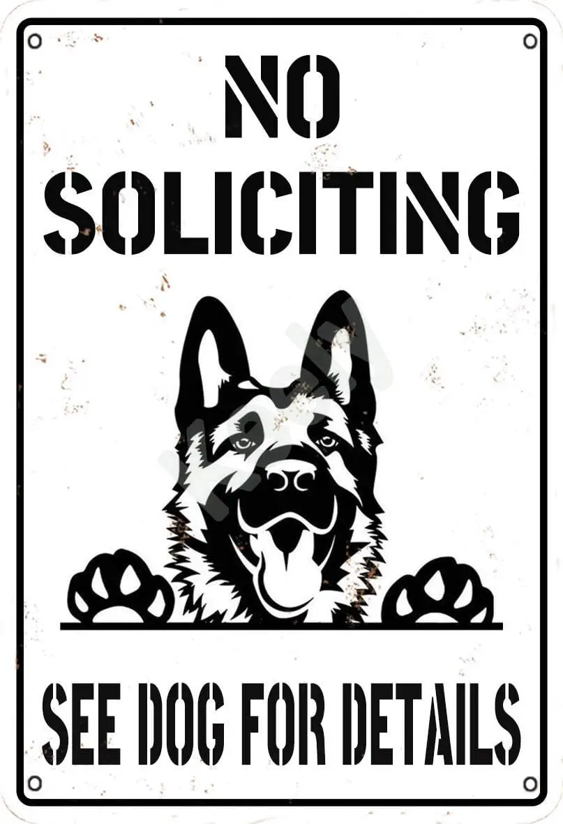 No Soliciting See Dog for Details German Shepherd Metal Vintage Tin Sign Wall Decoration 12x8 inches for Cafe Bars Restaurants P