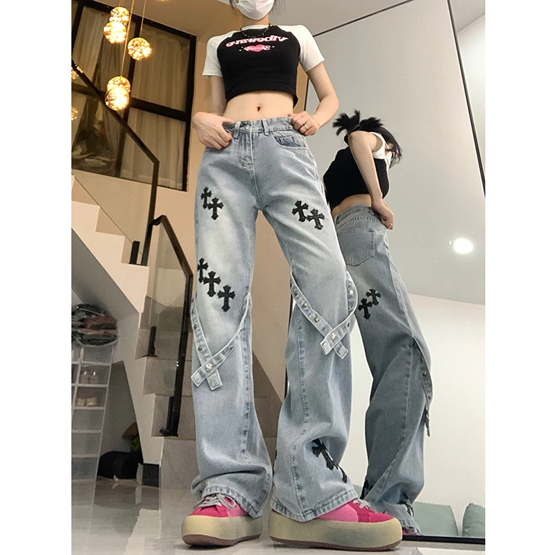 America High Street Hip Pop Men's and Women's Jeans Cross Patch Fashion Versatile Straight Loose Wide Leg Denim Pants Female