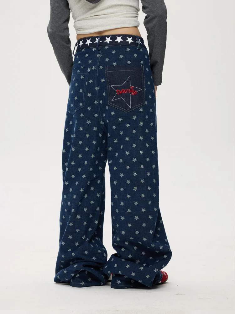 2025 American Retro Y2K Style Full Star Printed Baggy Women's Jeans Pants Woman Clothing Straight Cotton Gothic Denim Trousers
