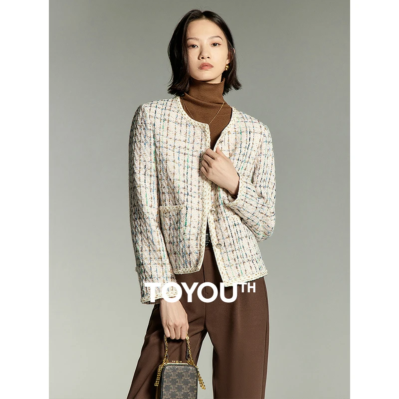 

Toyouth Women Tweed Jacket 2023 Winter Long Sleeve Round Neck Loose Thick Coat Checkered Printing Fashion Advanced Outwear