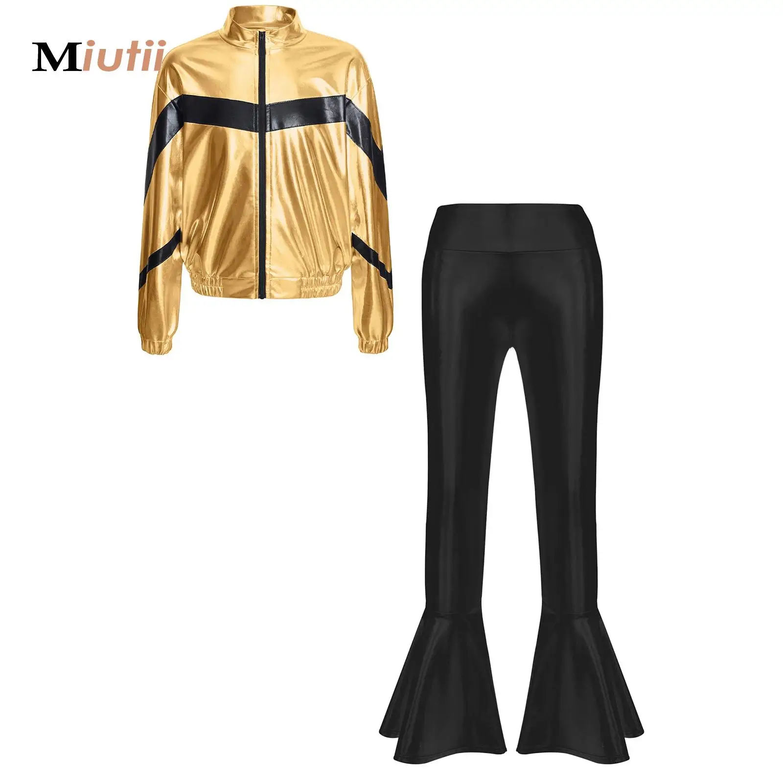 

2PCS Kid Girls Modern Jazz Dance Costume Girls Metallic Jacket with Bell-Bottom Pants Set Children Jazz Dance Performance Outfit