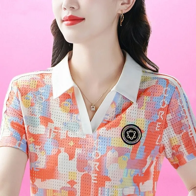 Lapel Collar Colorful Short Sleeved Summer Lady Fashion Motion Quick Drying Polo Shirt Camouflage Slim Casual Comfortable Tops