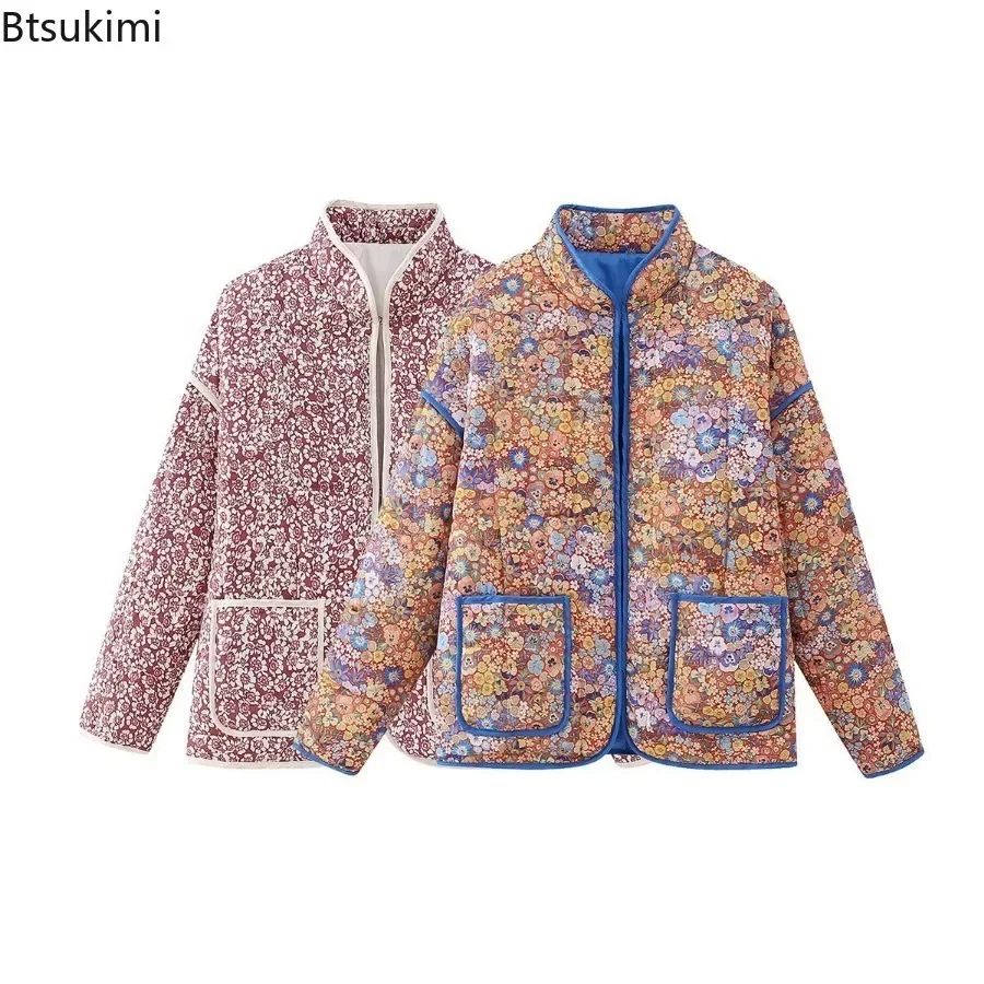 Jaket wanita katun lengan panjang, jaket mantel hangat kasual wanita, mantel kardigan lengan panjang, kerah berdiri, jaket parka katun motif bunga Vintage, 2024