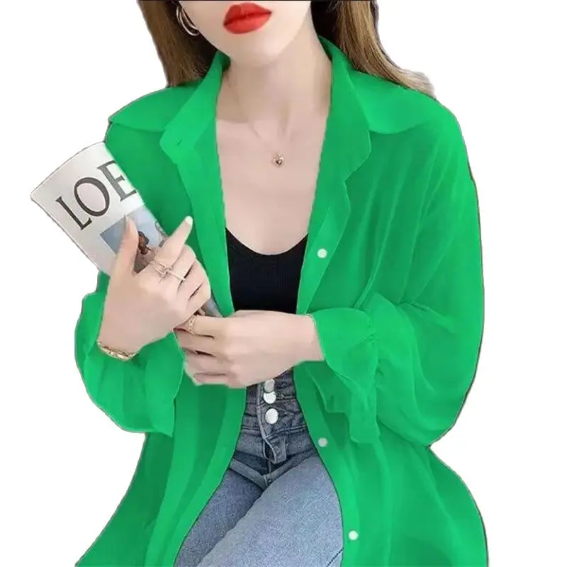 Green Red White Summer Shirt Female 2024 New Sunscreen Shirt Blouse Loose Long-Sleeved Thin Chiffon Shirt Coat Sunscreen Clothin