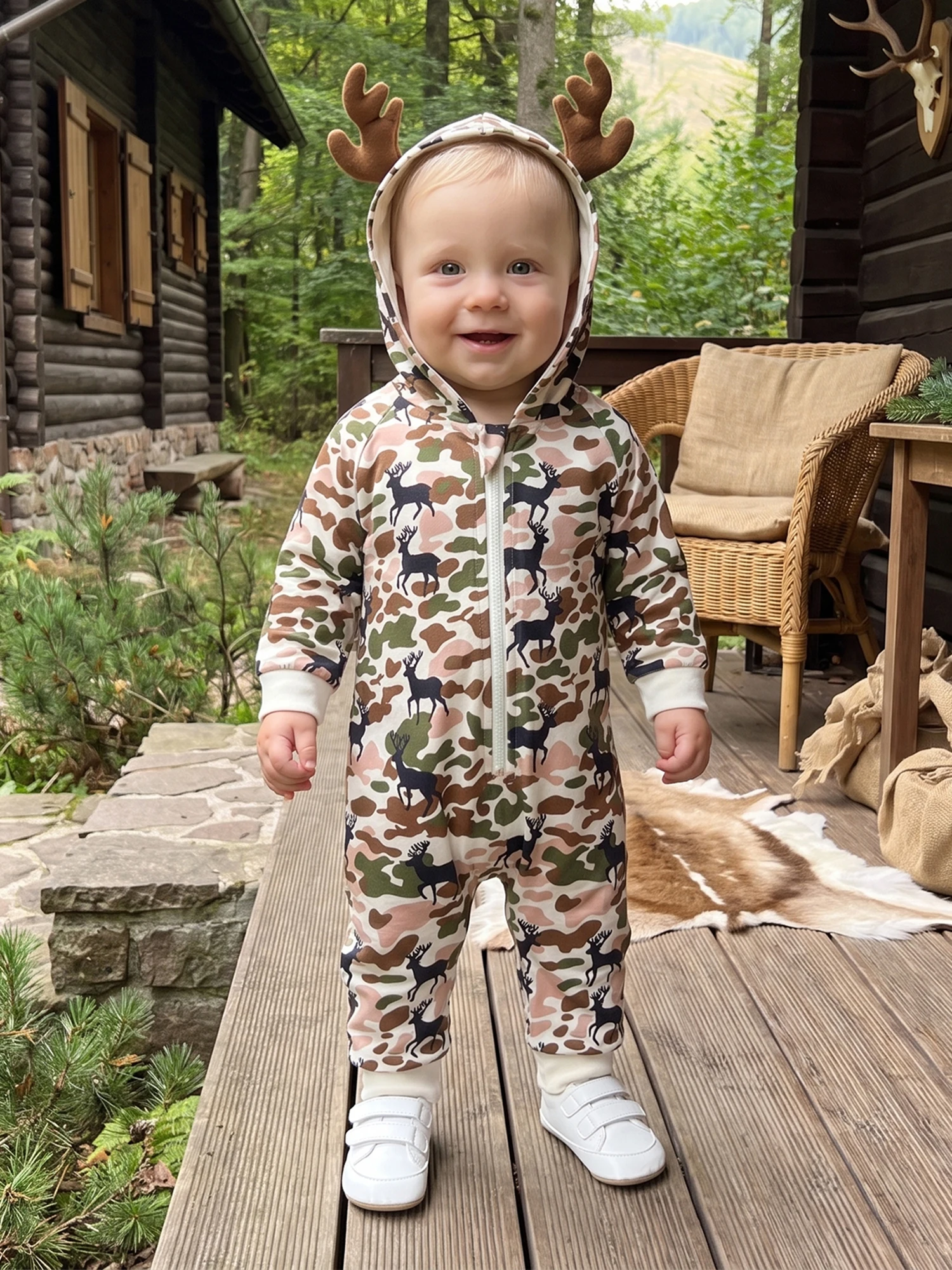 Print Zipped-Romper Zipped Long-Sleeve-Hooded Camouflage Hooded Camouflage Long-Sleeve Romper Baby Boy Jumpsuit