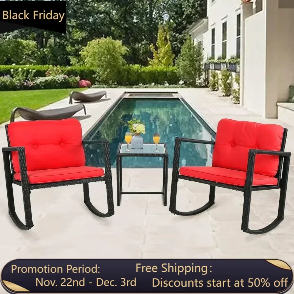 3 Piece Wicker Patio Furniture Sets Rocking Chair Outdoor Bistro Set Patio Set Rattan Chair Conversation Set with Porch