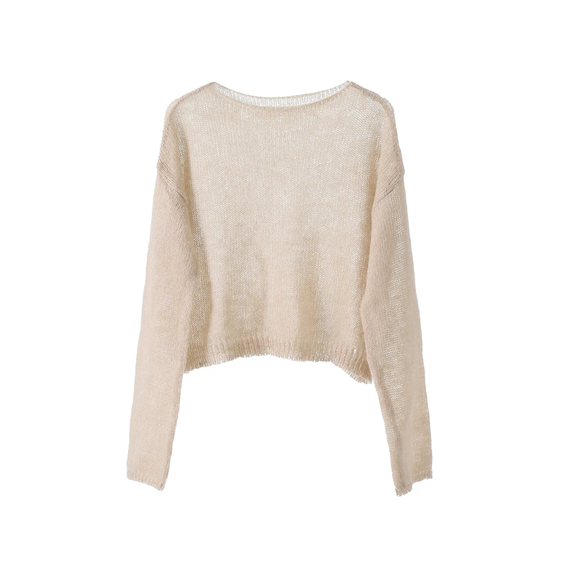 Lightweight and relaxed high proportion wool and mohair blend wide and loose knitted thin top short top