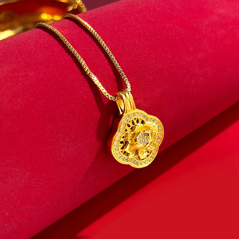 Gold Shop Same Style 9999 24K Real Gold Women's Gold Necklace Peony Pendant Inlaid with Zircon New Gift Beautiful Jewelry
