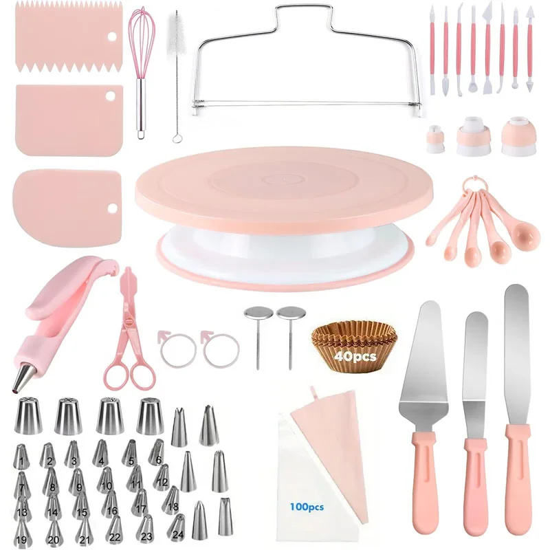 207Pcs Cake Decorating Tools Kit Pastry Turntable Kit Piping Nozzle Piping Bag Set Rotating Stand DIY Baking Tools Accessories