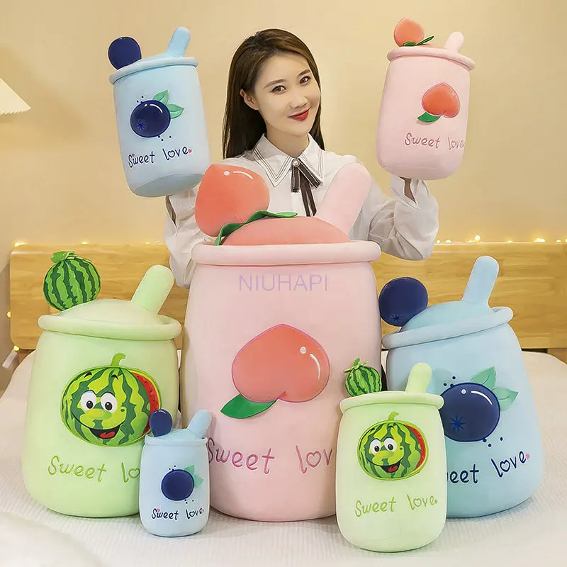 23-70cm Cartoon Fruit Bubble Tea Cup Shaped Pillow with Suction Tubes Real-life Stuffed Soft Back Cushion Funny Boba Food