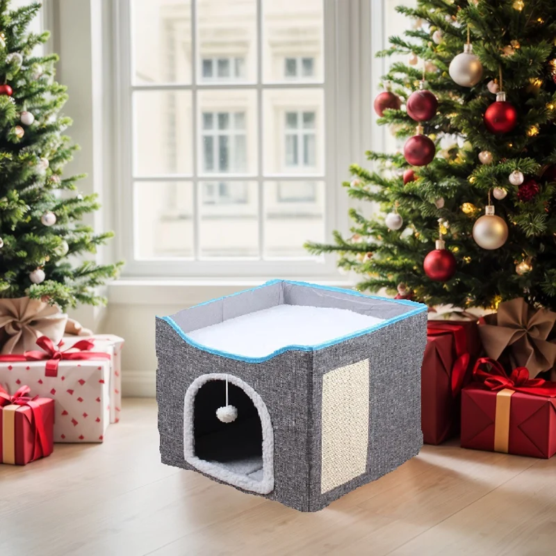 Cat Bed Foldable Cat House With Fluffyball & Scratch Pad Cat Cube Cave Large Kitten Sleeping Comfortable Pet Supplies