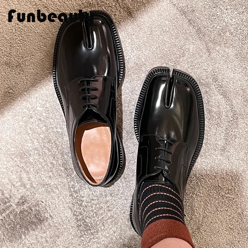 

2024 new split toe genuine leather shoes horseshoe pig trotters small leather shoes lace up casual British style loafers