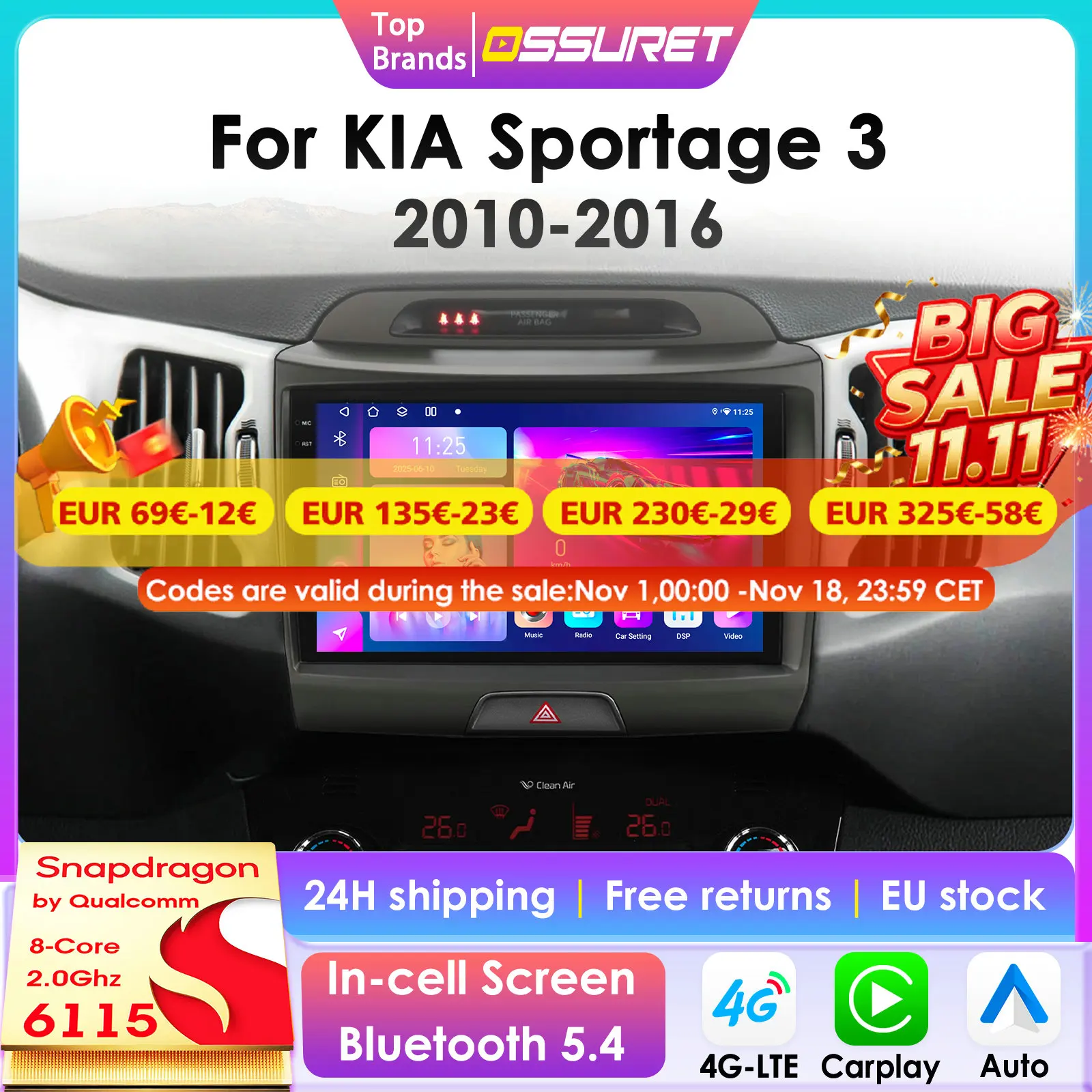 Autoradio Android 14 con telecamera a 360° 2 Din per KIA Sportage 3 2010-2016, sistema multimediale per auto con GPS, 4G, Carplay, schermo intelligente, autoradio 6115