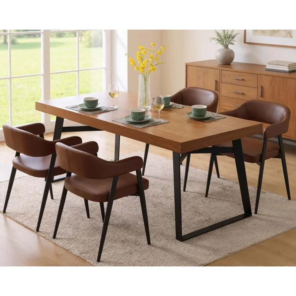 مجموعة كراسي بذراعين لغرفة الطعام الحديثة مكونة من 2، كراسي طعام منجدة من الجلد الصناعي القديم مع أذرع لهجة بنية في منتصف القرن #1