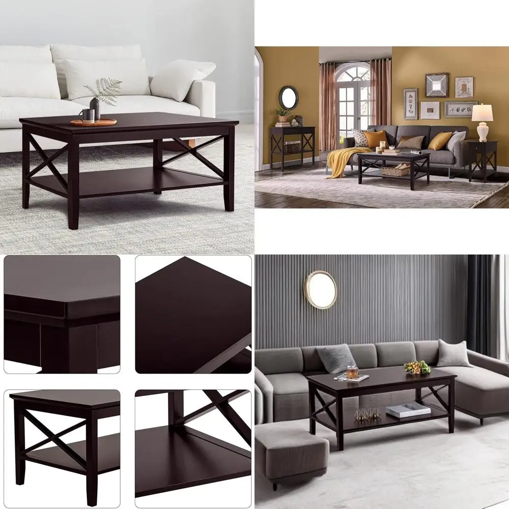 

Журнальный столик из дерева эспрессо с толстыми ножками и местом для хранения, 40-дюймовая мебель для гостиной