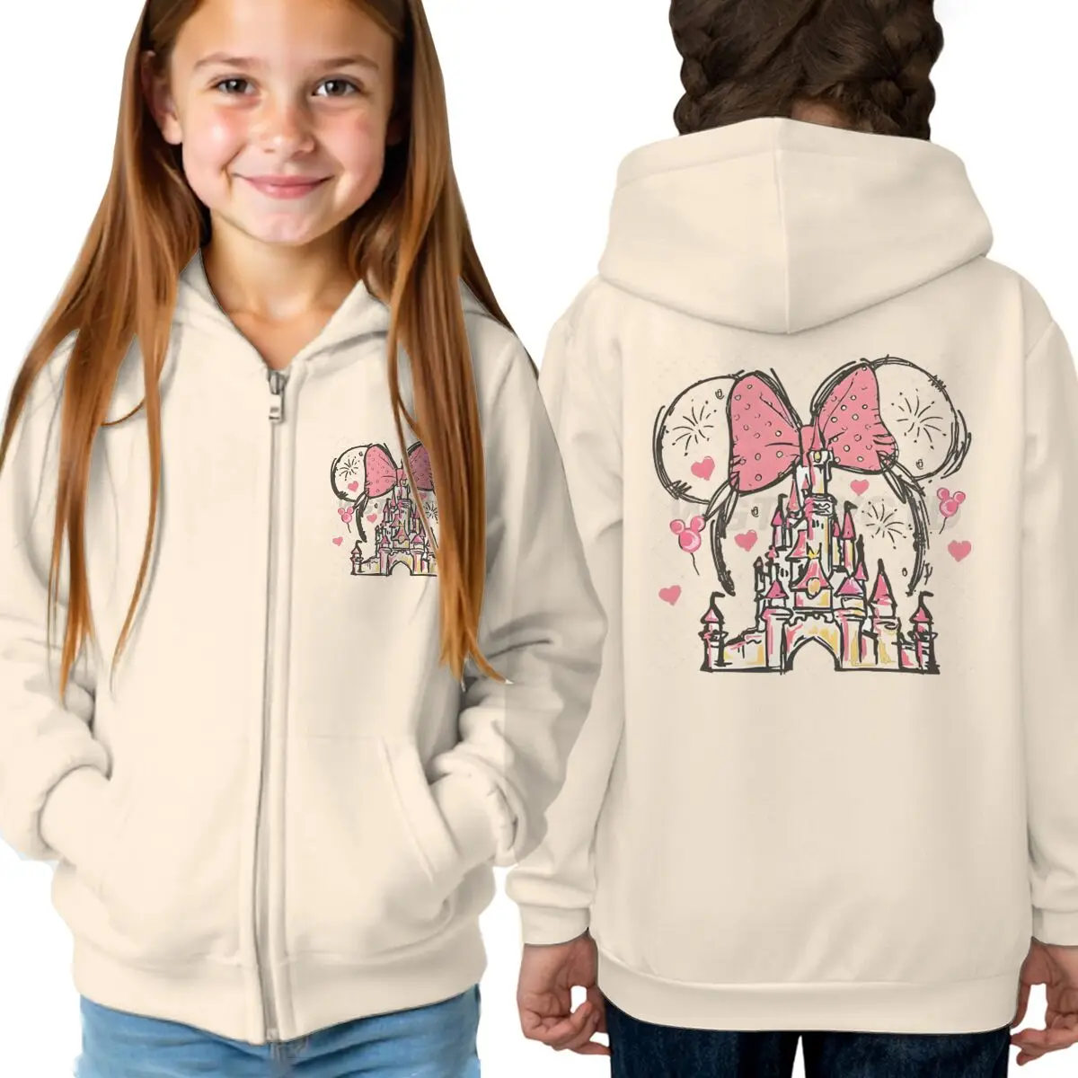 

Cute Minnie Mouse Zip Up Hoodie Kawaii Girls Sweet Minnie Ear Castle Graphic Zipper Hoodie Zip-Up Casual Top for Kids & Teens