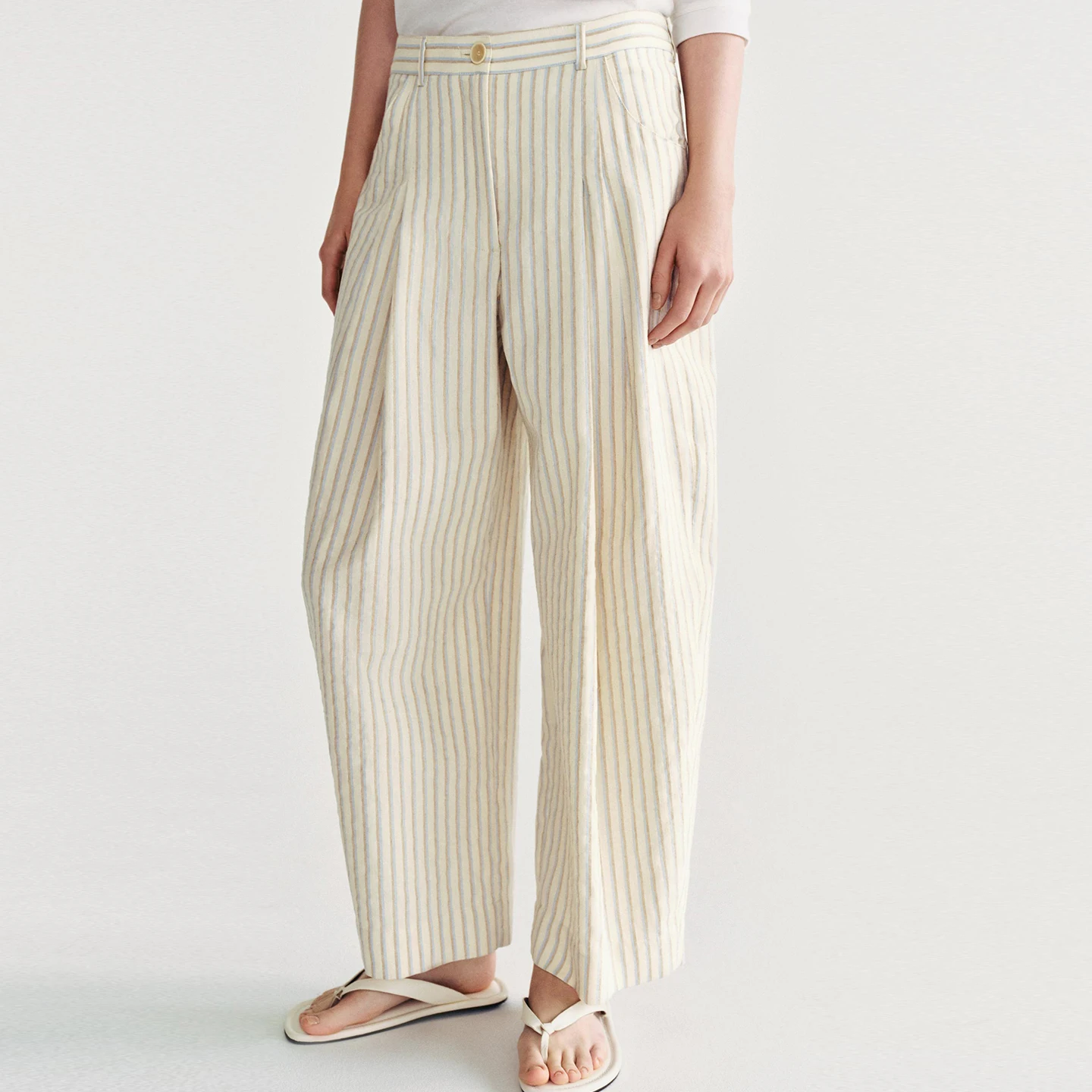 Women's Fashionable Striped Bucket Pants Summer 2026 Waist Pleated Casual Trousers Personality Natural Waist Buttoned
