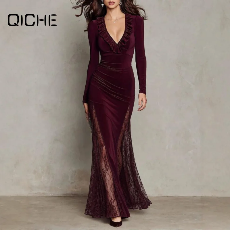 QICHE 2026 Women Elegant Ruffle V Neck Long Sleeve Lace Panel Velvet Maxi Dress For Independent Site